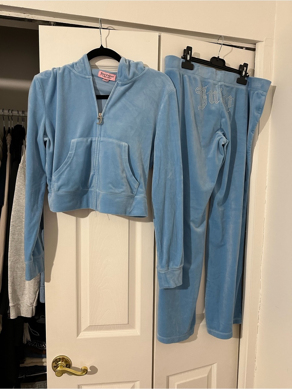 Juicy Couture Light Blue Velour Zip Hoodie & Rhinestone Joggers
